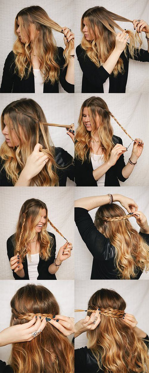 Rapariga loira a fazer tranças para formar uma faixa e deixar o resto do cabelo solto 
