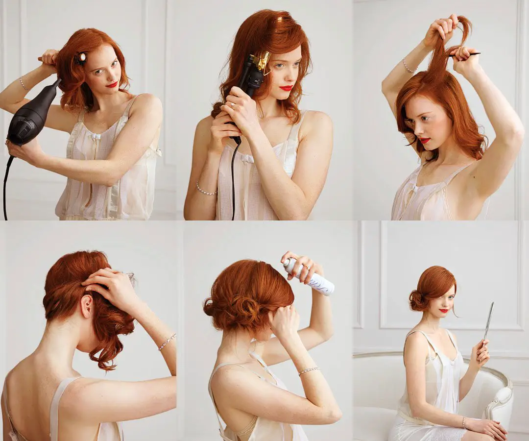 menina ruiva secando o cabelo e enrolando para depois fazer um lindo coque na lateral 