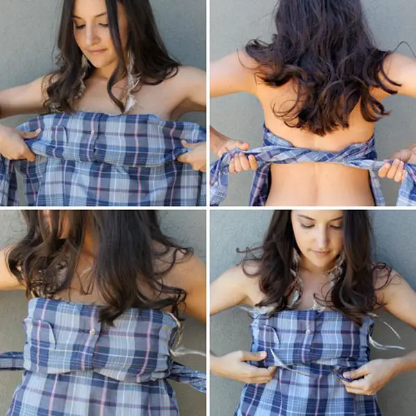 Menina vestindo uma camisa xadrez e amarrando nas costas