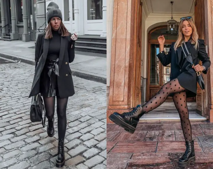 Como usar meias com seu traje de escritório;  meninas em meia-calça preta com padrão de pontos, com jaqueta preta, boné de inverno e botas Dr. Martens