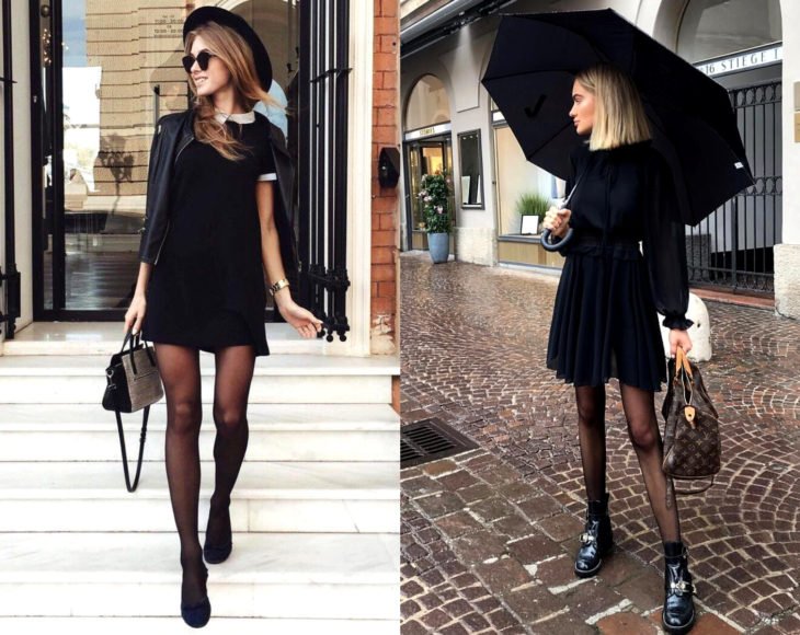 Como usar meias com seu traje de escritório;  meninas em vestidos pretos, guarda-chuvas, jaqueta de couro, meia-calça e bolsa