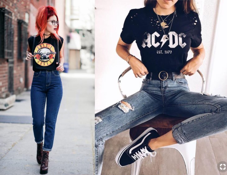 Roupas de camisa de bandas de rock;  garota ruiva em armas e rosas e blusa AC / DC com jeans
