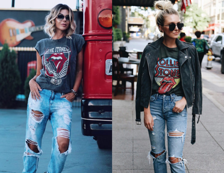 Roupas de camisas de bandas de rock;  garotas loiras com blusas dos Rolling Stones e jeans desgastados