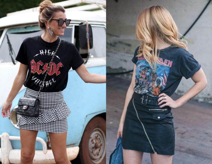 Roupas de camisas de bandas de rock;  mulheres loiras em blusas de Iron Maiden e AC / DC com xadrez e saia de couro