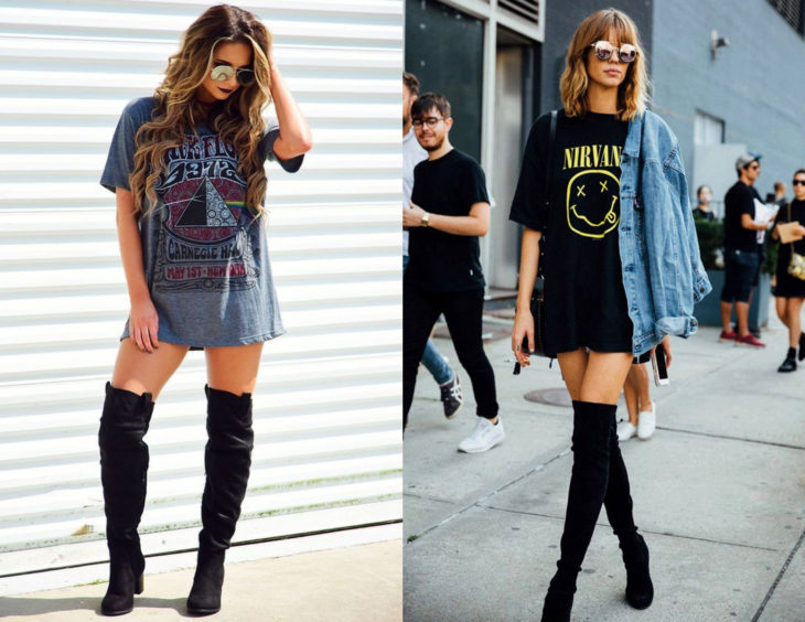 Outfits com camisas de bandas de rock como vestido;  garotas loiras em blusas Nirvana e Pink Floyd, com longas botas pretas