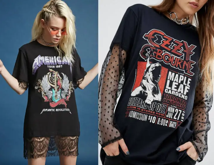 Trajes com camisas rendadas de bandas de rock;  garotas em blusas Metallica e Ozzy Osbourne