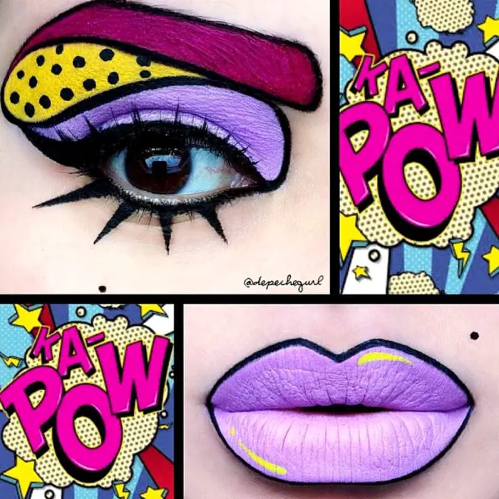 Traje de Halloween da arte pop em quadrinhos;  mulher com lábios pintados de roxo e olhos de desenho animado 