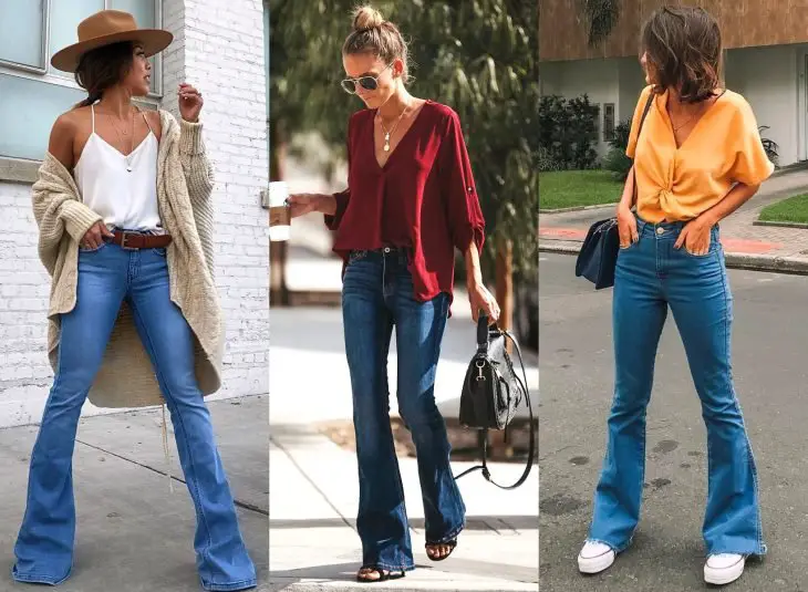 Tipos de calças para mulheres;  jeans boca de sino, largo