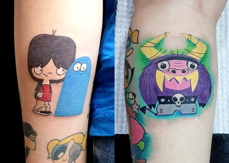 Tatuagens de desenhos animados do Cartoon Network;  Mac, Bloo e Eduardo da mansão de Foster para amigos imaginários