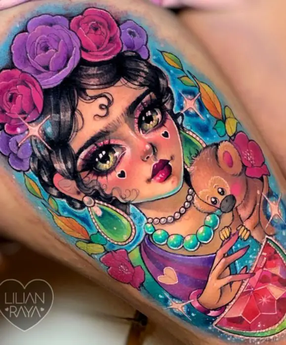 Tatuagens de Frida Kahlo em cores vivas, estilo kawaii, Lilian Raya