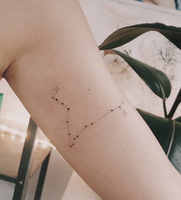 Tatuagem da constelação de Peixes na parte interna do braço em tinta preta