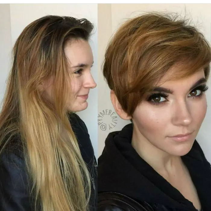 garota mostrando seu novo corte de cabelo