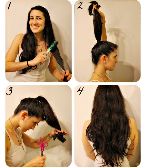 Menina cortando as pontas do cabelo