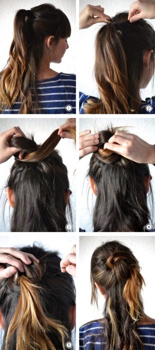 Menina fazendo um penteado meio coque na cabeça 