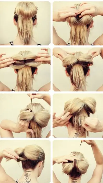 Menina fazendo um penteado com coque na cabeça na forma de um coque 