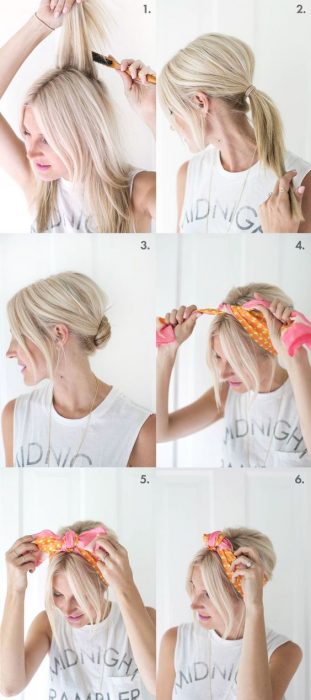 Menina mostrando um tutorial de como fazer um penteado com lenços
