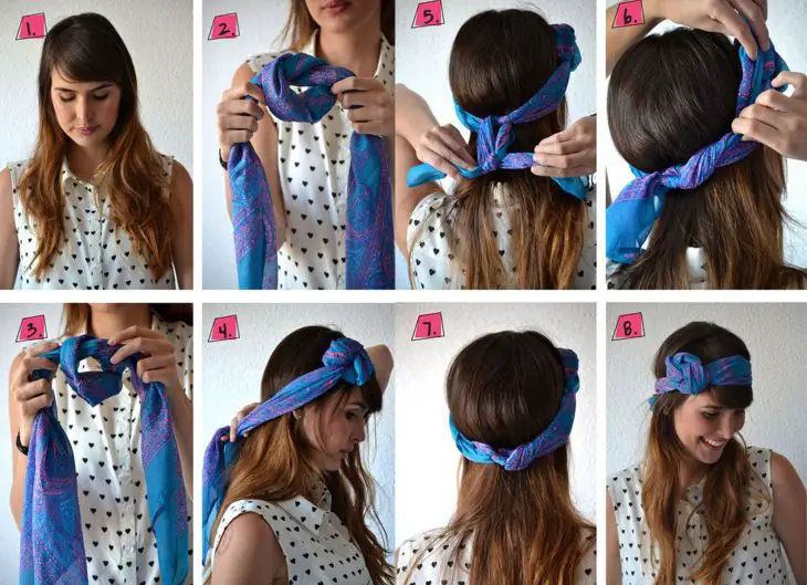Menina mostrando um tutorial de como fazer um penteado com lenços