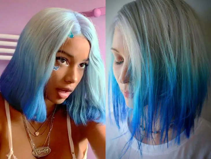 Balayage azul;  cabelo tingido de azul para branco que se parece com o oceano