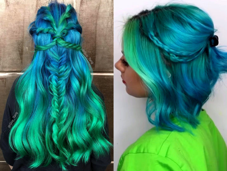 Balayage azul;  cabelo tingido de azul gradiente a verde que se parece com o oceano