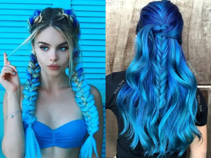 Balayage azul;  cabelo gradiente tingido de azul que se parece com o oceano
