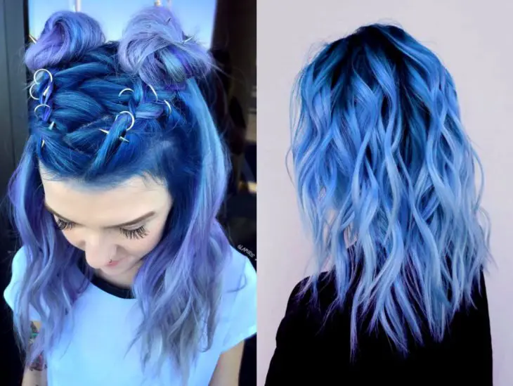 Balayage azul;  cabelo tingido de azul gradiente a lilás que se parece com o oceano