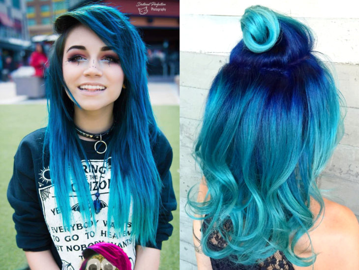 Balayage azul;  cabelo gradiente tingido de azul que se parece com o oceano