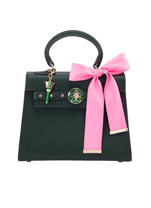 bolsa verde com laço rosa 