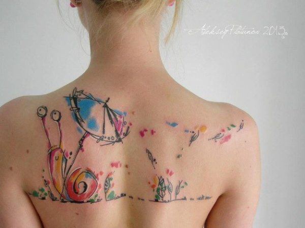 aquarela-tatuagens-para-mulheres-caracol com guarda-chuva