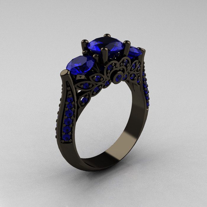 anel de noivado de pedra azul preta